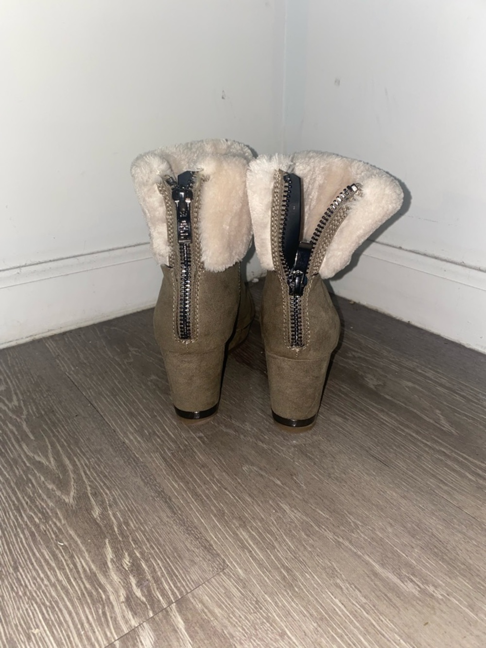Anne Klein Olive Suede Ankle Booties with Cream Faux-Shearling Cuff